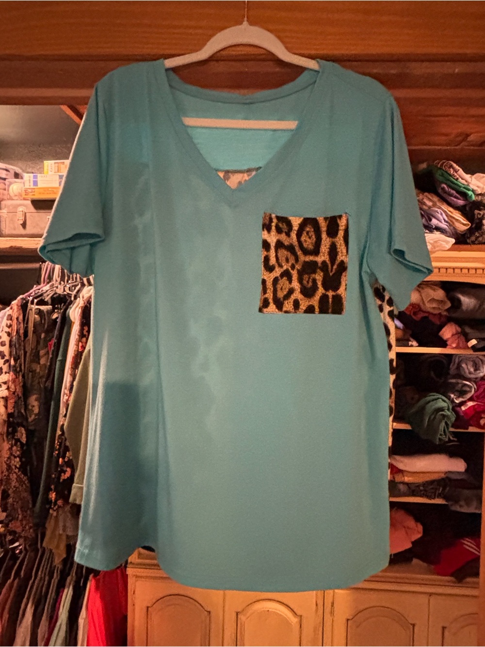 Aqua V-Neck Top with Leopard Pocket